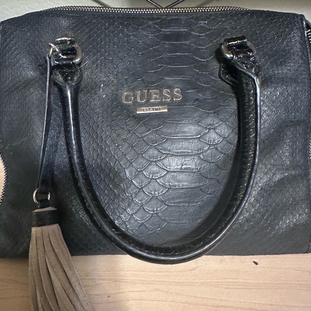 GUESS Black Faux Snakeskin Handbag with Tassel